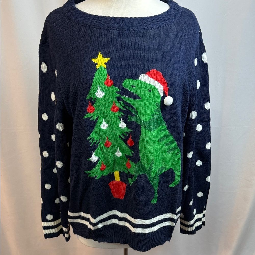 Self Esteem T Rex Dinosaur Navy Sweater with Christmas Tree and Polka Dots, 1X